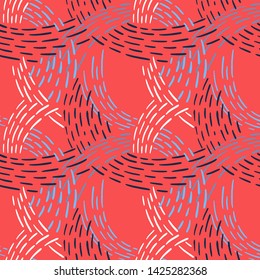 Seamless abstract pattern with colorful lines. Hand drawn dashed lines forming overlapping waves. Stylish texture with stitches. Modern geometric background from bold dotted lines for textile, fabric.