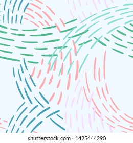 Seamless abstract pattern with colorful lines. Hand drawn dashed lines forming overlapping waves. Stylish texture with stitches. Modern geometric background from bold dotted lines for textile, fabric.