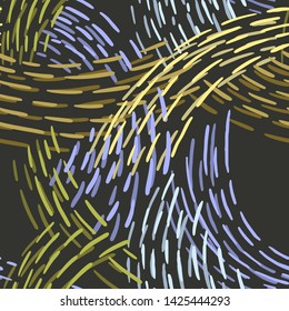 Seamless abstract pattern with colorful lines. Hand drawn dashed lines forming overlapping waves. Stylish texture with stitches. Modern geometric background from bold dotted lines for textile, fabric.