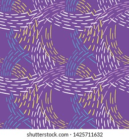 Seamless abstract pattern with colorful lines. Hand drawn dashed lines forming overlapping waves. Stylish texture with stitches. Modern geometric background from bold dotted lines for textile, fabric.