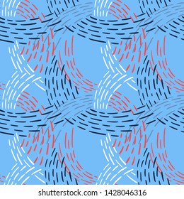Seamless abstract pattern with colorful lines. Hand drawn dashed lines forming overlapping waves. Stylish texture with stitches. Modern geometric background from bold dotted lines for textile, fabric.