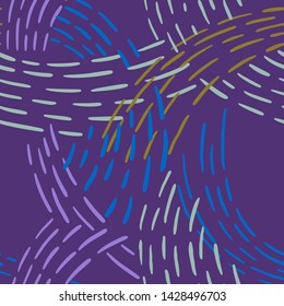 Seamless abstract pattern with colorful lines. Hand drawn dashed lines forming overlapping waves. Stylish texture with stitches. Modern geometric background from bold dotted lines for textile, fabric.