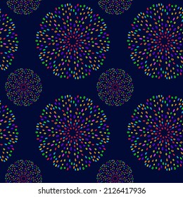 Seamless abstract pattern with colorful neon fireworks on a dark blue background. Vector design for fabric, textile, wallpaper, prints, decorations, packaging.
