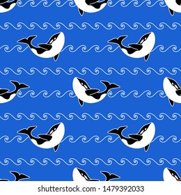 Seamless abstract pattern. Colorful orca whale and white line waves on blue background. Killer whale in ocean, animal print.