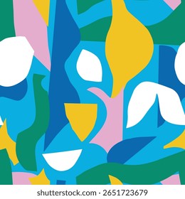 Seamless abstract pattern with colorful organic cutout shapes. Modern collage style background. Perfect for fabric, wallpaper, wrapping paper, stationery, branding, and digital design