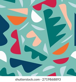 Seamless abstract pattern with colorful organic cut-out shapes. A modern collage-style background. Perfect for fabric, wallpaper, wrapping paper, stationery, branding, and digital design.