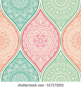 Seamless abstract pattern with colorful patchwork. Vintage pattern with hand drawn mandala. Can be used for ceramic tile, wallpaper, linoleum, textile, invitation card, wrapping, web page background