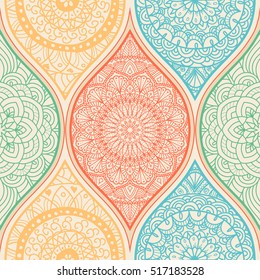 Seamless abstract pattern with colorful patchwork. Vintage pattern with hand drawn mandala. Can be used for ceramic tile, wallpaper, linoleum, textile, invitation card, wrapping, web page background
