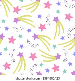 Seamless abstract pattern with colorful pink,violet and green stars on white background. Space sky print for wrapping paper, fabric and scrapbooking.Vector