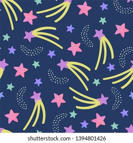 Seamless abstract pattern with colorful pink,violet and green stars on dark background. Space sky print for wrapping paper, fabric and scrapbooking.Vector