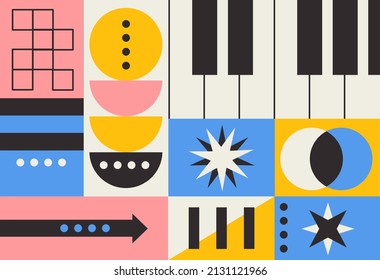 Patrón de resumen sin foco. Plantilla de estilo de arte pop colorido con formas geométricas, piano, estrellas y flechas. Elemento de diseño retro para impresión en papel o tela. Dibujo vectorial plano de dibujos animados