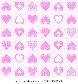 Seamless abstract pattern. Colorful print composed of pink decorative hearts on light rose background.