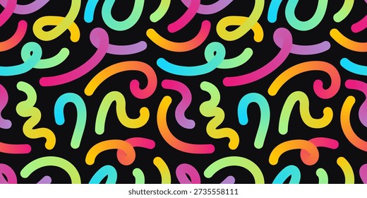 Seamless abstract pattern with colorful rainbow squiggles on black background. Neon gradient doodle strokes in retro 80s-90s Memphis style for fabric, wrapping paper, wallpaper. Party decor, banners.