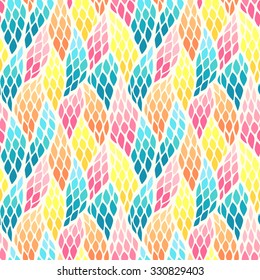 Seamless abstract pattern with colorful rhombuses. Vector illustration with leaves.