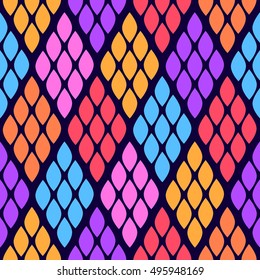 Seamless abstract pattern with colorful rhombuses. Vector illustration with leaves. Reptiles skin texture. 