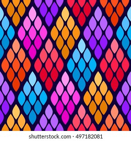 Seamless abstract pattern with colorful rhombuses. Vector illustration with leaves. Reptiles skin texture. 