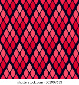 Seamless abstract pattern with colorful rhombuses. Vector illustration with leaves. Reptiles skin texture. 