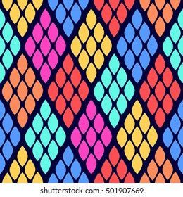 Seamless abstract pattern with colorful rhombuses. Vector illustration with leaves. Reptiles skin texture. 