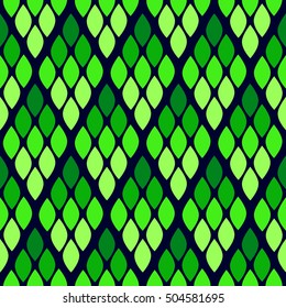 Seamless abstract pattern with colorful rhombuses. Vector illustration with leaves. Reptiles skin texture. 