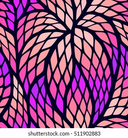 Seamless abstract pattern with colorful rhombuses. Vector illustration with leaves. Reptiles skin texture.