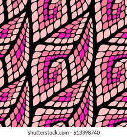 Seamless abstract pattern with colorful rhombuses. Vector illustration with leaves. Reptiles skin texture.