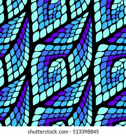 Seamless abstract pattern with colorful rhombuses. Vector illustration with leaves. Reptiles skin texture.