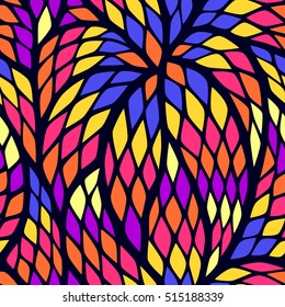 Seamless abstract pattern with colorful rhombuses. Vector illustration with leaves. Reptiles skin texture.