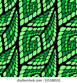 Seamless abstract pattern with colorful rhombuses. Vector illustration with leaves. Reptiles skin texture.