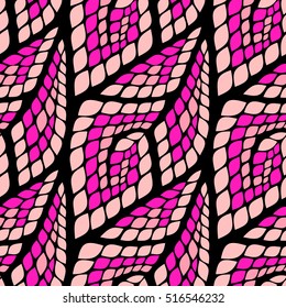Seamless abstract pattern with colorful rhombuses. Vector illustration with leaves. Reptiles skin texture.