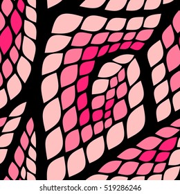Seamless abstract pattern with colorful rhombuses. Vector illustration with leaves. Reptiles skin texture.