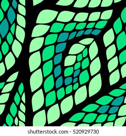 Seamless abstract pattern with colorful rhombuses. Vector illustration with leaves. Reptiles skin texture.