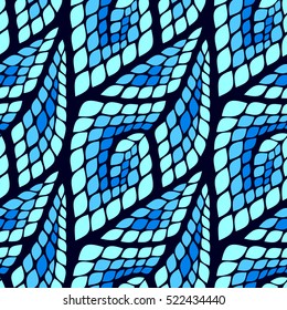 Seamless abstract pattern with colorful rhombuses. Vector illustration with leaves. Reptiles skin texture.