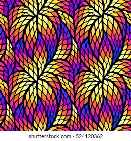 Seamless abstract pattern with colorful rhombuses. Vector illustration with leaves. Reptiles skin texture.