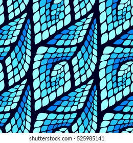 Seamless abstract pattern with colorful rhombuses. Vector illustration with leaves. Reptiles skin texture.