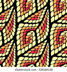 Seamless abstract pattern with colorful rhombuses. Vector illustration with leaves. Reptiles skin texture.