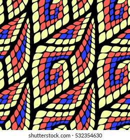 Seamless abstract pattern with colorful rhombuses. Vector illustration with leaves. Reptiles skin texture.