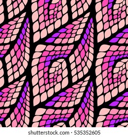Seamless abstract pattern with colorful rhombuses. Vector illustration with leaves. Reptiles skin texture.