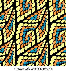 Seamless abstract pattern with colorful rhombuses. Vector illustration with leaves. Reptiles skin texture.
