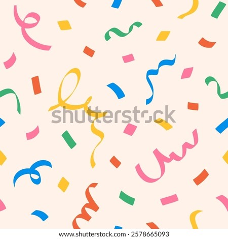 Seamless abstract pattern of colorful ribbons, confetti, serpentine on a light background, hand drawn illustration, flat style