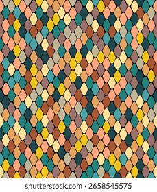 Padrão abstrato contínuo com escalas coloridas ou diamantes em tons terrosos e silenciados de azul-petróleo, amarelo, marrom e pêssego. 
