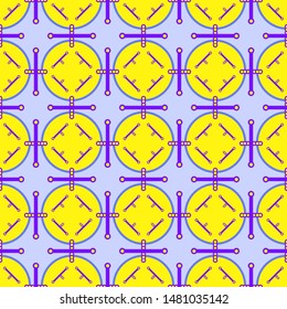 Seamless abstract pattern colorful shapes on blue background yellow circles repeat endless geometric symmetry cover texture great for curtains and cloth