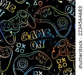 Seamless abstract pattern with colorful silhouettes joystick game. Background for boys.