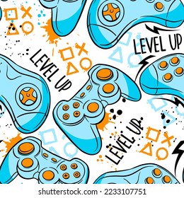 Seamless abstract pattern with colorful silhouettes joystick game. Background for boys.