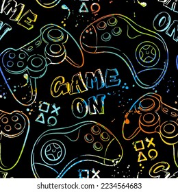 Seamless abstract pattern with colorful silhouettes joystick game. Background for boys.