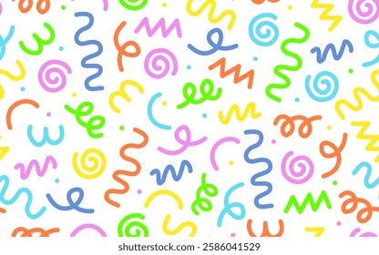 Seamless abstract pattern with colorful squiggles, spirals, and curves on a white background. Playful hand-drawn style, perfect for textiles, wallpapers, and wrapping paper.