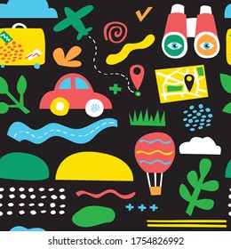 Seamless abstract pattern with colorful symbol of travel. Fun trip. The plane and balloon are flying. Travel concept. Bright flat vector illustration black background.