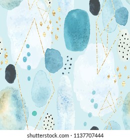 Seamless abstract pattern with colorful watercolor spots and decorative elements of golden texture. Vector handmade illustration on turquoise background. 