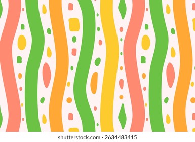 Seamless abstract pattern with colorful wavy stripes and playful geometric shapes. Vector background in summer tones, perfect for textiles, wrapping paper, wallpapers, branding, and digital design.