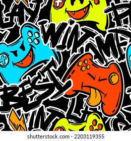 Seamless abstract pattern with colourful  joystick game and graffiti words. Wallpaper for boys.