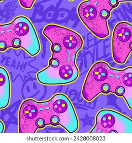 Seamless abstract pattern with colourful joystick game. Background for girl on pink color. 